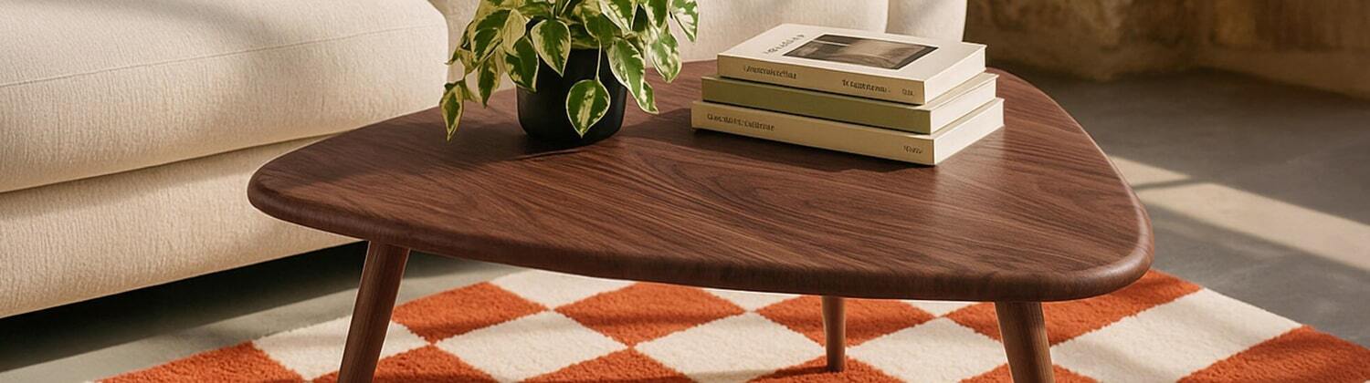 table basse effet bois avec plateau triangulaire